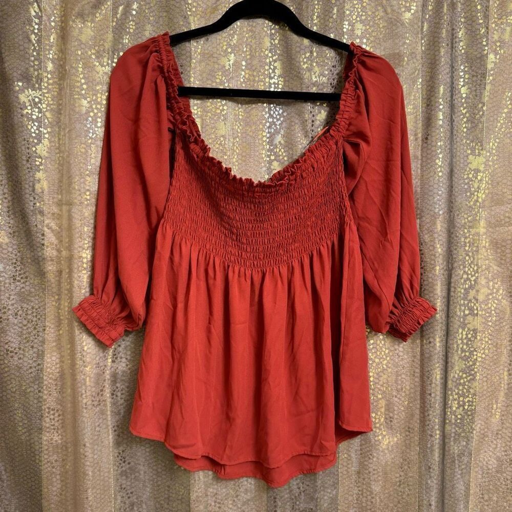 Express Burnt Orange Off The Shoulder Smocked Chiffon Blouse Medium